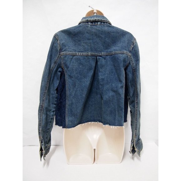 Free People Womens Jacket S Denim Jean Trucker Lace Inset Button Raw Hem - Picture 9 of 12